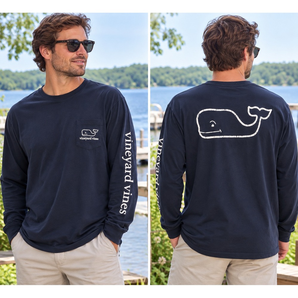 ineyard Vines Mens XXL Long Sleeve Shirt Navy Whale Logo Pocket Graphic Tee